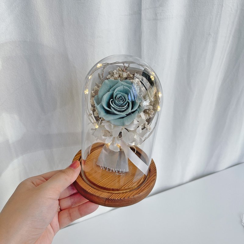 情人节礼物/定制化礼物 LED玫瑰小花束永生花玻璃钟罩-湖水绿 - 干燥花/捧花 - 植物．花 绿色