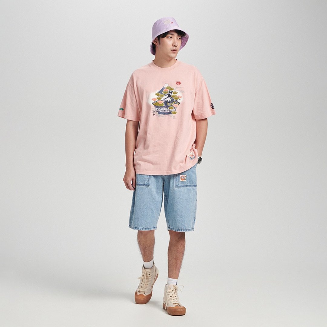 江户胜 日系 男装 橘绿盆栽宽版短袖T恤(浅粉红) #上衣 - 男装上衣/T 恤 - 棉 粉红色