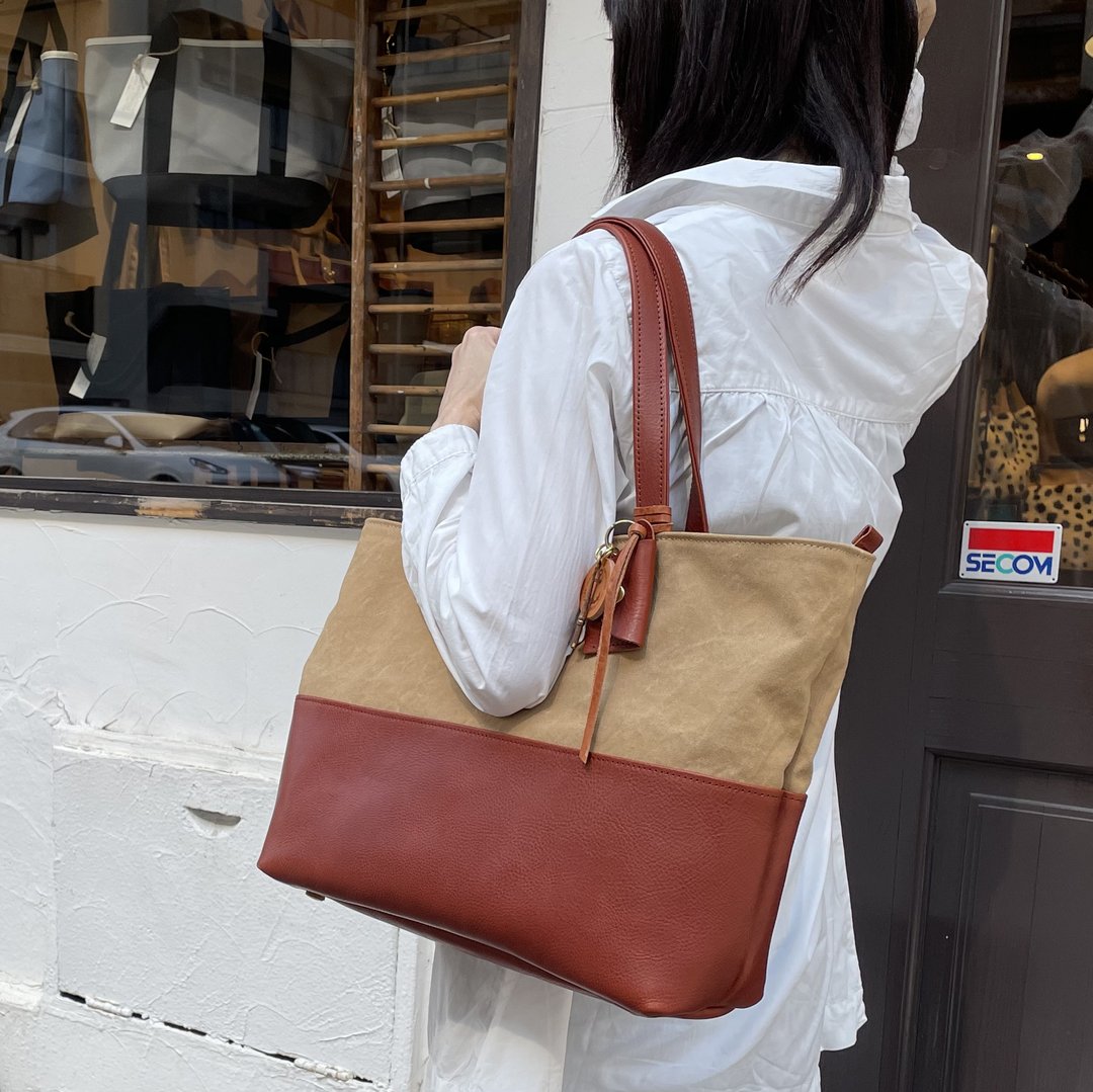 halb x Brown Kurashiki canvas x Italian leather bag - 手提包/手提袋 - 棉 卡其色