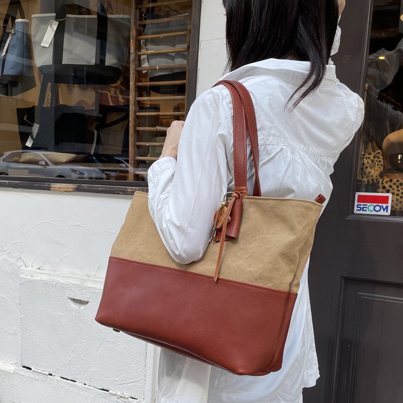halb x Brown Kurashiki canvas x Italian leather bag - 手提包/手提袋 - 棉．麻 卡其色