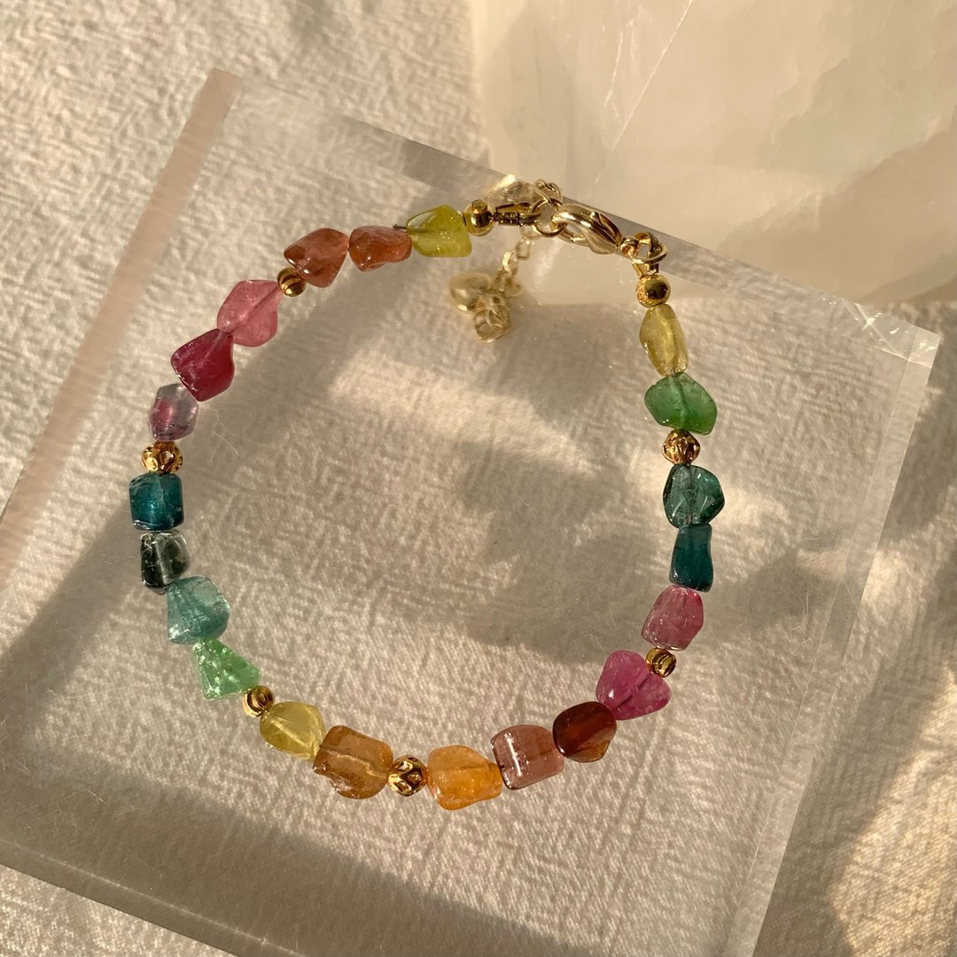 彩虹色系 鲜艳色标彩虹碧玺原石手链 设计手链 电气石 - 手链/手环 - 半宝石 多色