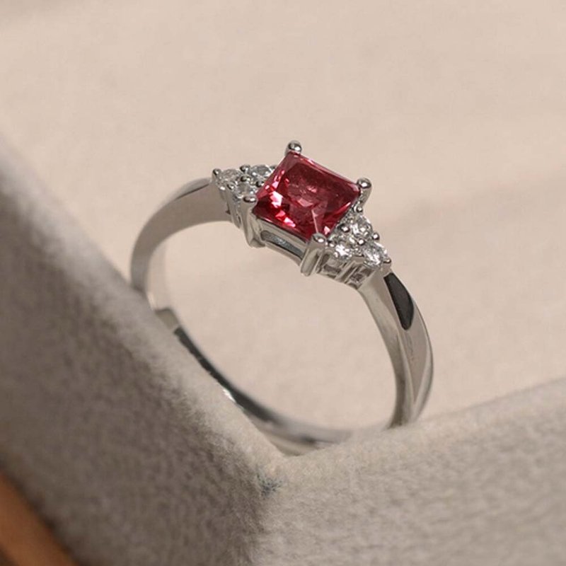 7mm 红宝石银戒指，婚戒或生日礼物戒指 - 戒指 - 纯银 红色