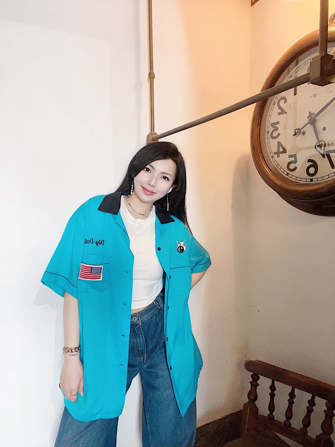 湖水蓝刺绣美国队 保龄球衫bowling shirt ボウリングシャツ - 女装衬衫 - 棉 多色
