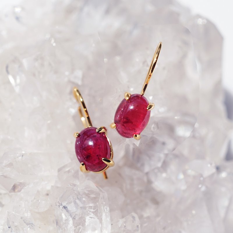 红宝石椭圆形裸石单钻耳环 牡丹 - 耳环/耳夹 - 宝石 红色