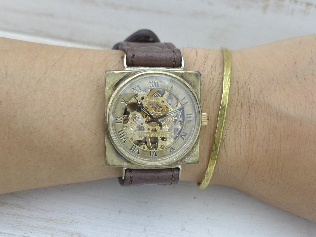 Handmade Watch BHW138 Manual Winding Brass 36mm Square Roman Numeral Sewing Stitch Belt - 女表 - 铜/黄铜 金色