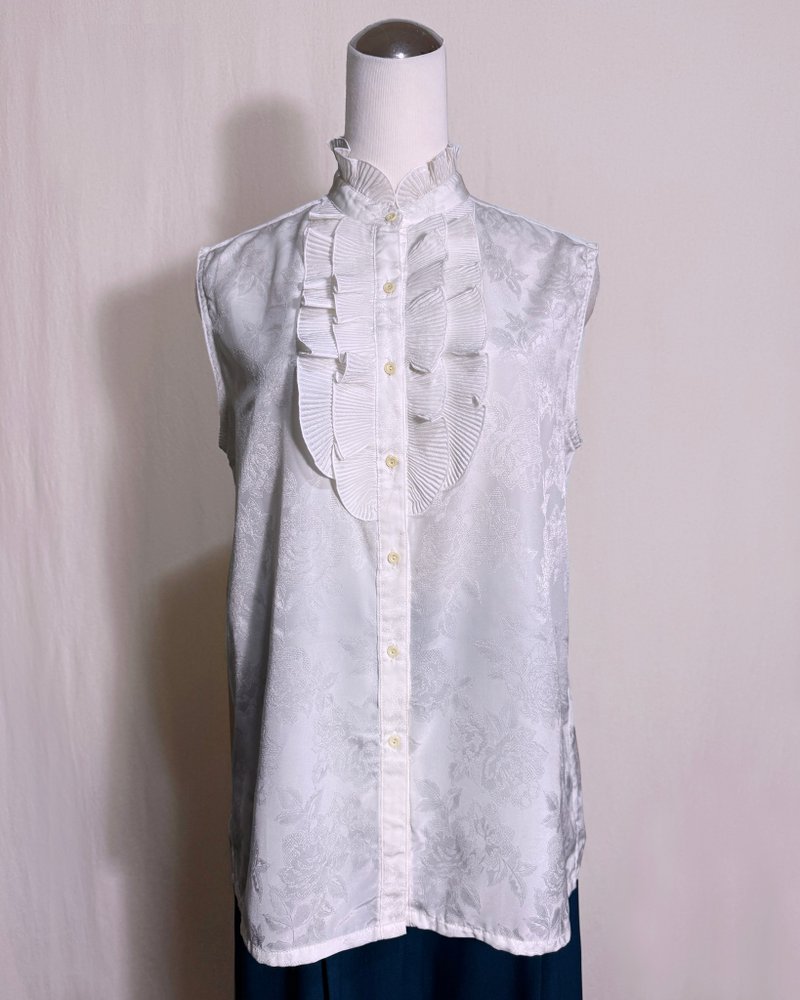 花朵织纹荷叶无袖古着衬衫/ 国外带回 VINTAGE - 女装衬衫 - 聚酯纤维 白色