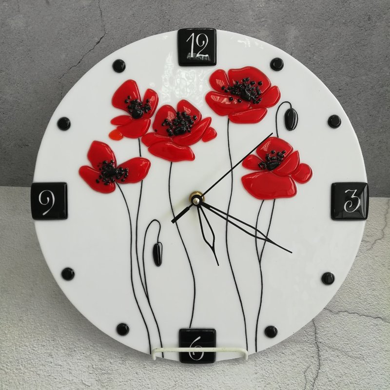 Wall glass clock with red poppies - Fused home decor - Round silent wall clock - 时钟/闹钟 - 玻璃 白色