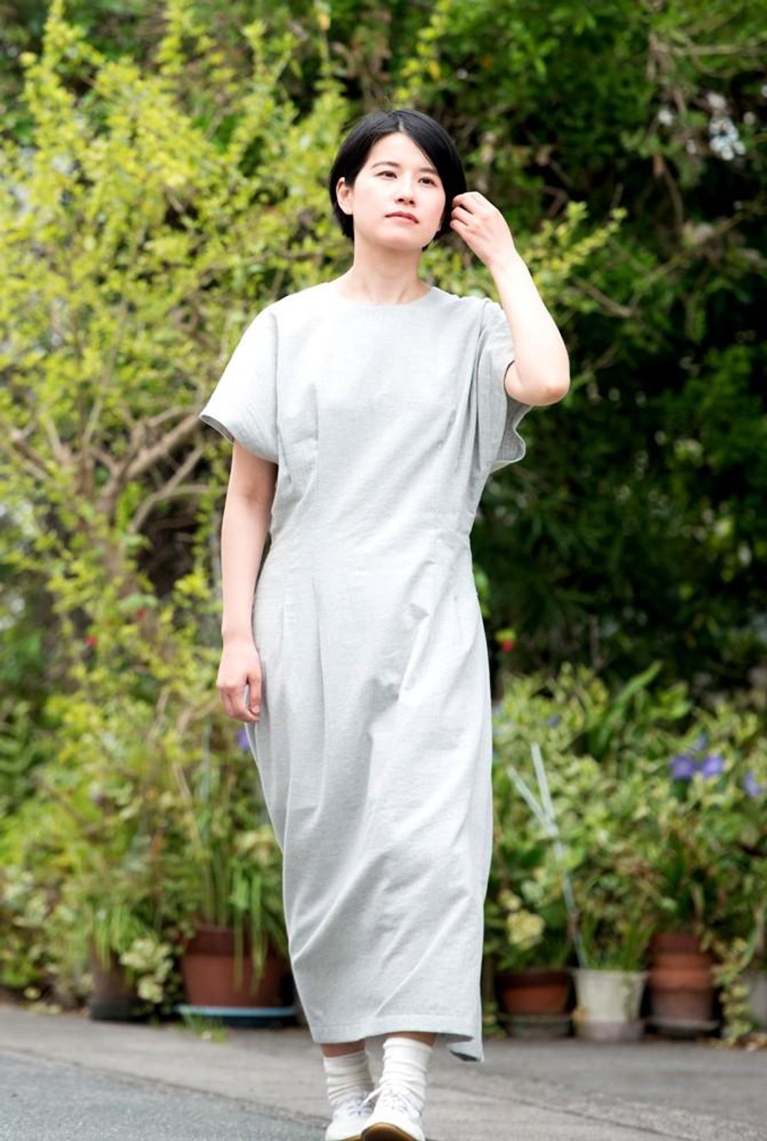 Organic Cotton French Sleeve W Tack One Piece Dress 【herringbone fabric / gray color】 - 洋装/连衣裙 - 棉 