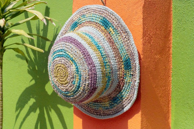 限量一件 手工编织棉麻帽/编织帽/渔夫帽/遮阳帽/草帽 - 水彩感地中海散步 鲜艳 缤纷条纹 手织帽 - 帽子 - 棉．麻 多色