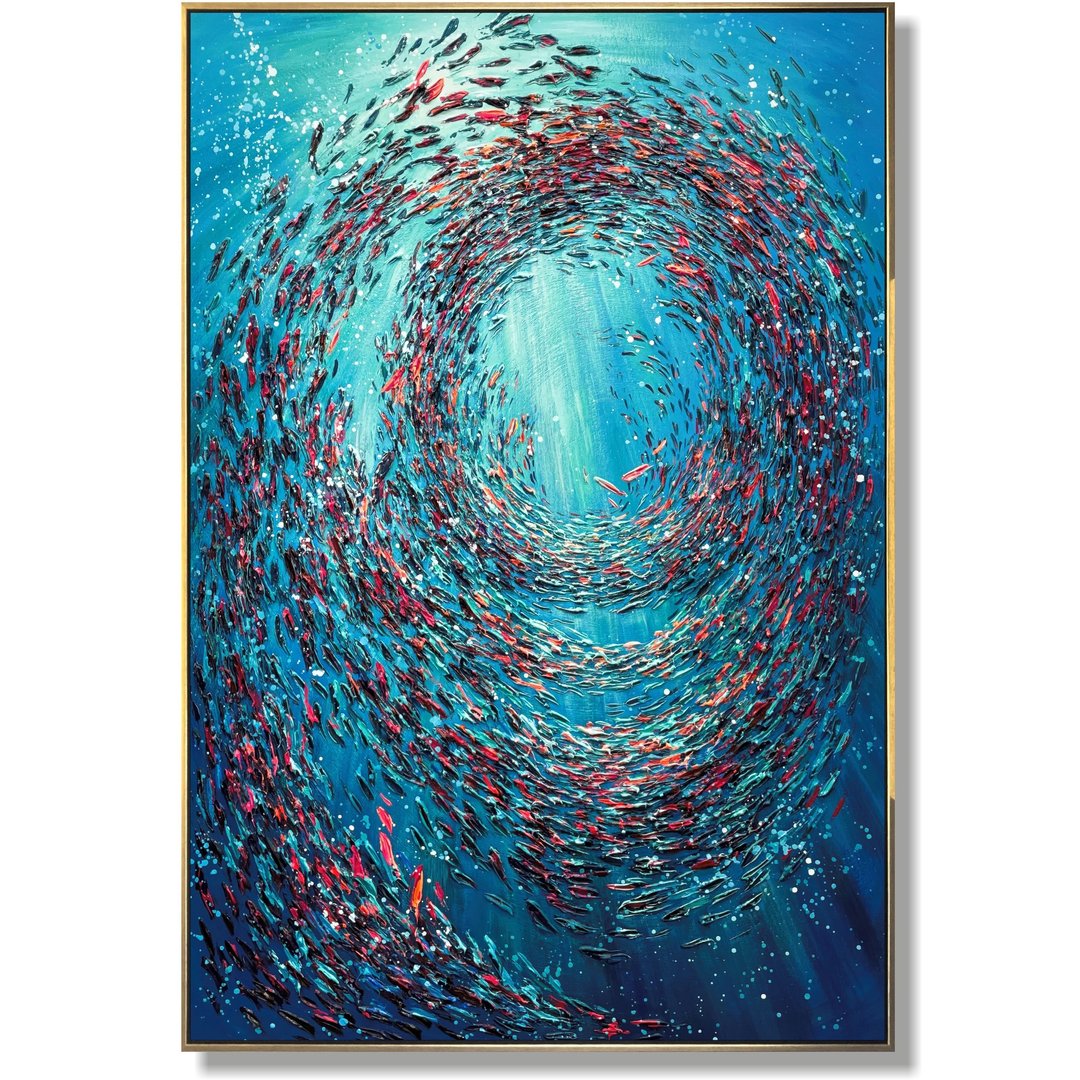 大型抽象鱼画，布面彩色水生动物画 - 墙贴/壁贴 - 压克力 蓝色