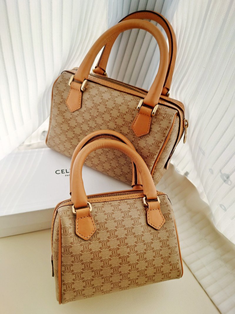 中古包 CELINE 带尘袋老花迷你波士顿包单肩包斜背包斜挎包手拿包 - 侧背包/斜挎包 - 防水材质 卡其色