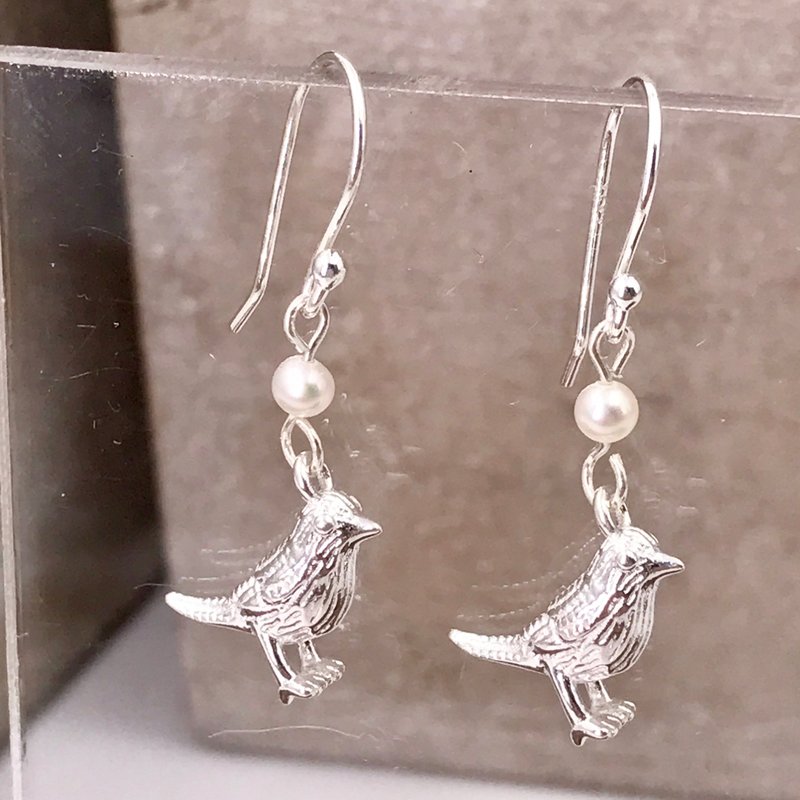 纯银 立体小鸟 S925 珍珠 防敏感 耳环 - 耳环/耳夹 - 纯银 银色