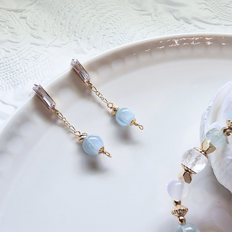 蓝色苍鹭 | 天青蓝晶石 直线镐石款 S925 银抗过敏耳针式耳环 - 耳环/耳夹 - 半宝石 蓝色