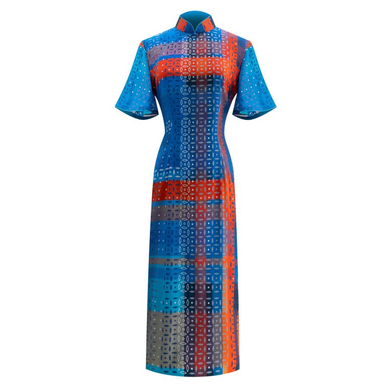 【富贵铜钱】经典红白蓝真丝长衫旗袍 | 国潮港风新中式 - 旗袍 - 丝．绢 多色