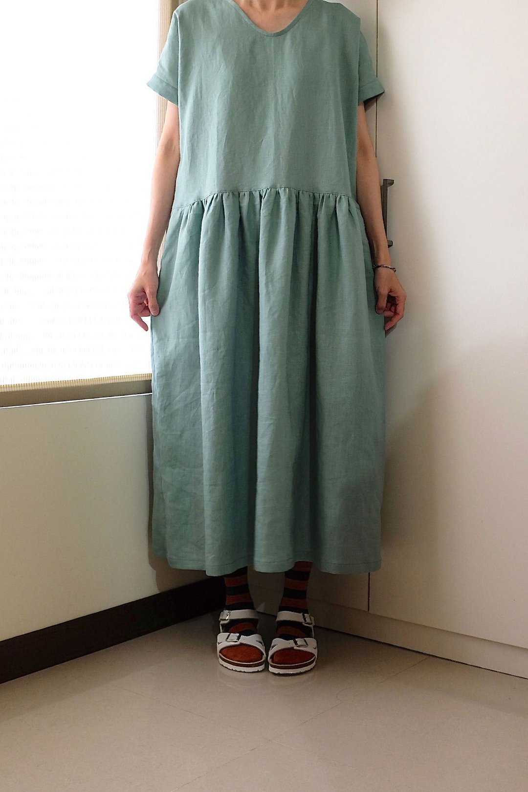 日常手作服  夏绿色红宽洋装  无口袋  亚麻   - 洋装/连衣裙 - 棉 绿色