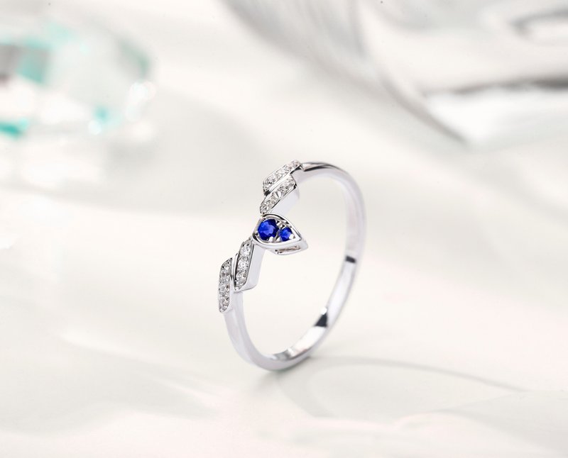 蓝宝石14k白金钻石梨形订婚戒指 水滴形求婚结婚钻戒 翅膀圣甲虫 - 戒指 - 贵金属 蓝色