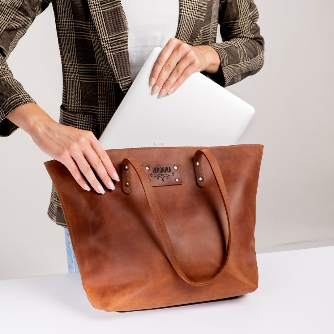 Leather Tote Bag for Women, Leather Tote Bag, Shoulder Bag, Handmade Bag - 手提包/手提袋 - 真皮 咖啡色