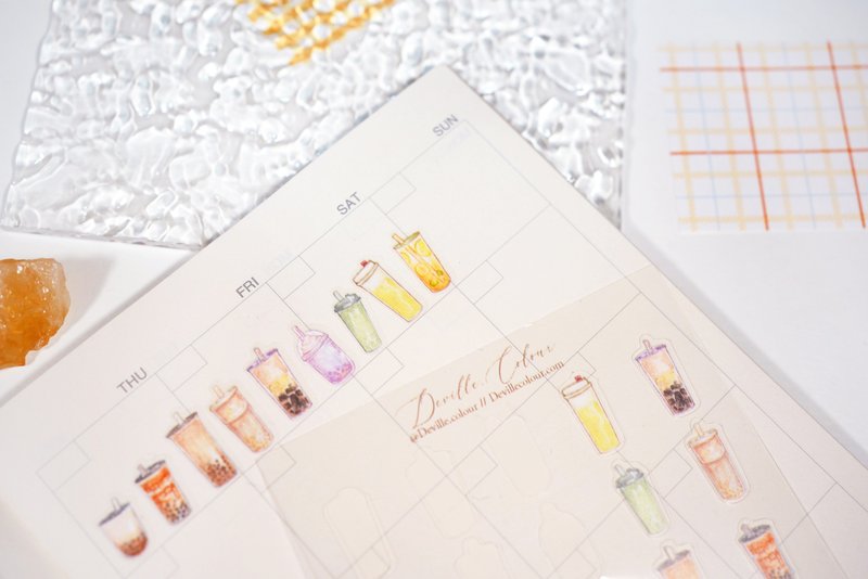 【我最喜爱的手摇饮】水彩 白墨PET贴纸 防水 手帐 插画 珍珠奶茶 - 贴纸 - 纸 橘色