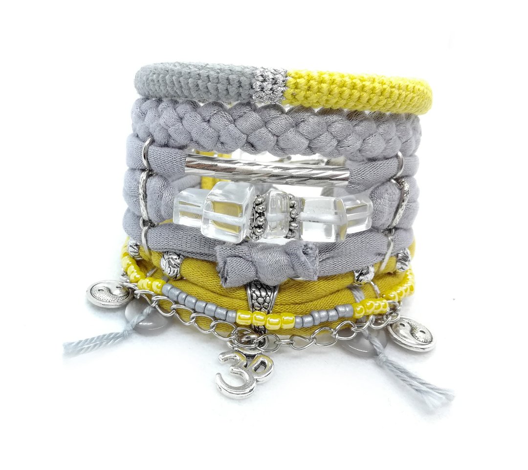 Natural Stone Ohm Bracelet Gray Yellow Bohemian Street Style Stack - 手链/手环 - 水晶 灰色