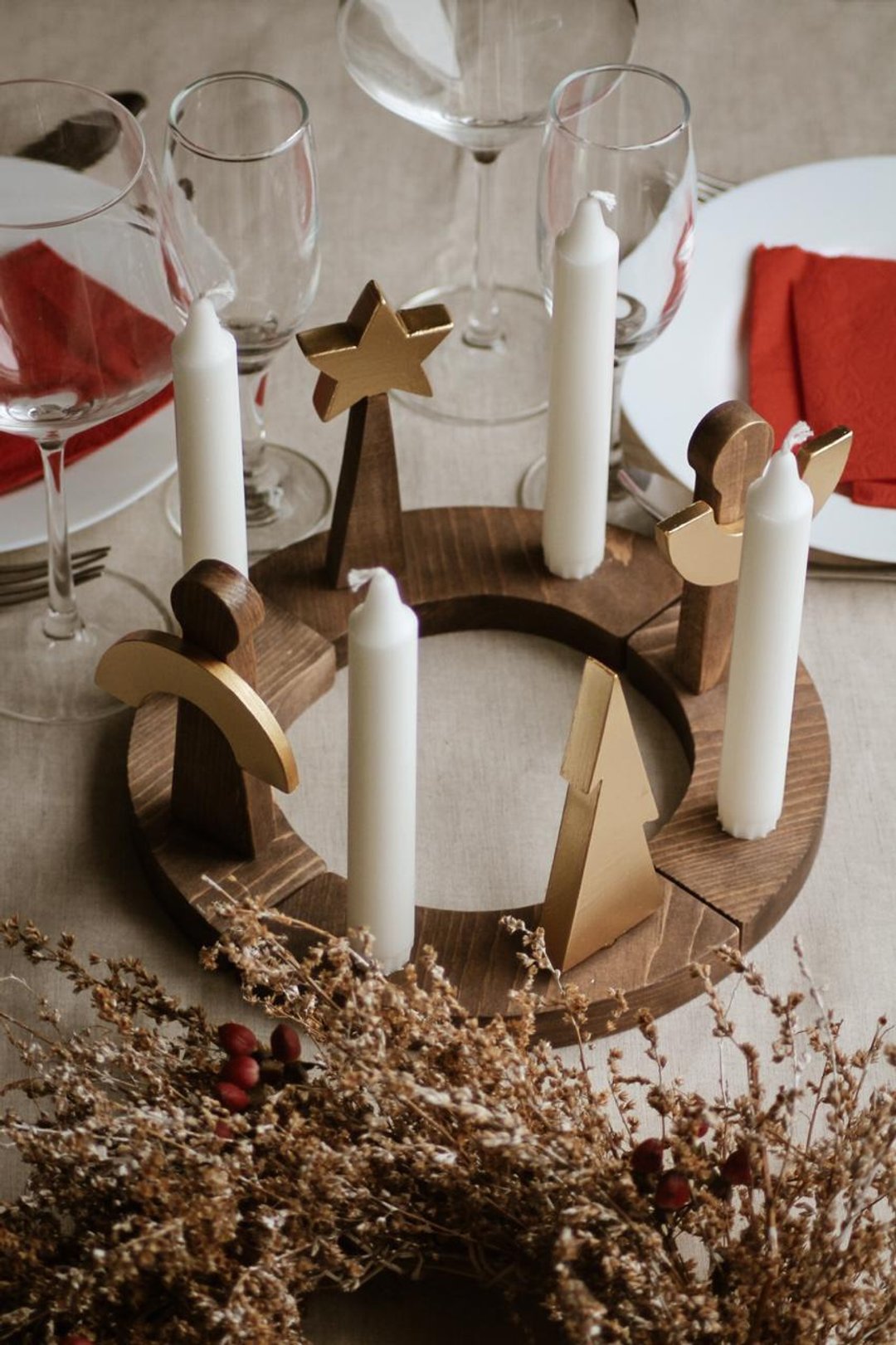 Christmas wooden candlestick holder for Advent candles with angels dark wood - 摆饰 - 木头 