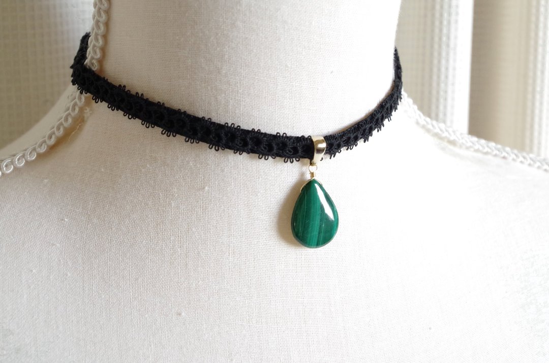 Tatting lace and velvet ribbon choker · malacite - 项链 - 棉．麻 黑色
