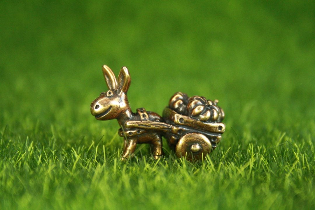 Donkey and pumpkins - tiny miniature statuette of bronze, metal figurine - 摆饰 - 铜/黄铜 