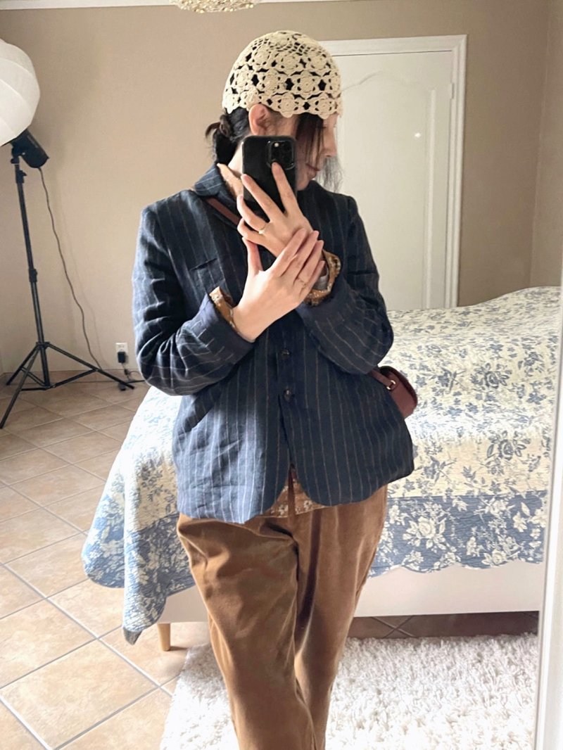 棉麻混纺 深蓝色条纹 A型弧线西装 - 男装外套 - 棉．麻 