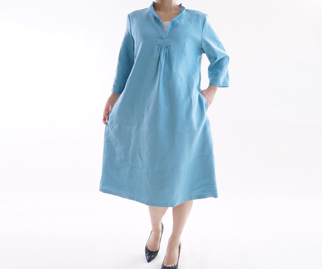 Pale Belgian Linen Stand Collar One Piece Dress / Blue Porslaine a27-11 - 洋装/连衣裙 - 棉 蓝色