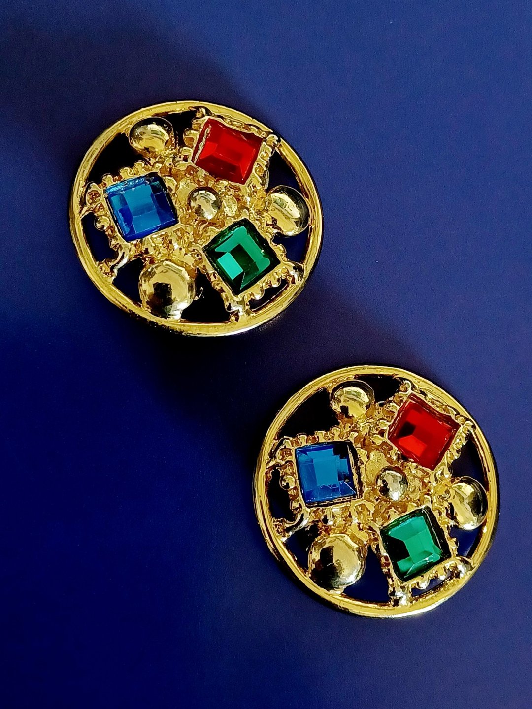 vintage jewelry  华丽三色仿宝石 夹式耳环 - 耳环/耳夹 - 其他金属 