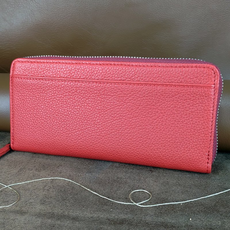 醇酒红荔枝纹牛皮拉链长夹 - 皮夹/钱包 - 真皮 红色