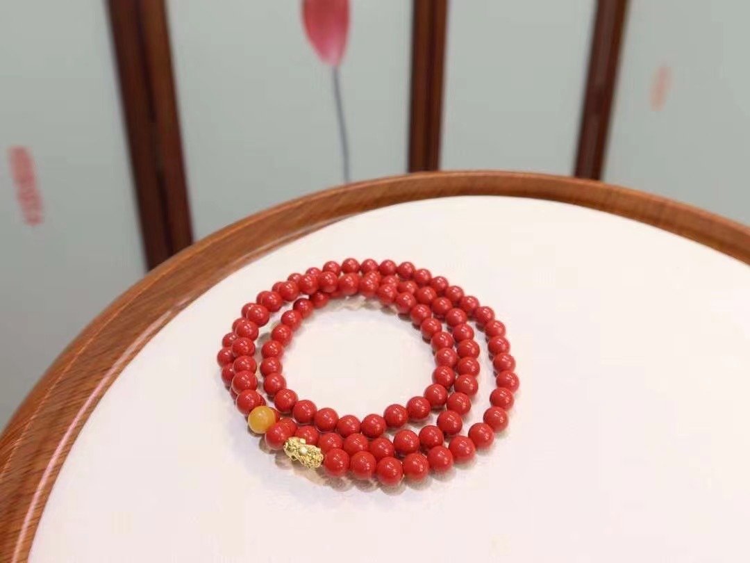天然原矿朱砂. 帝王砂 古法银古法银貔貅蜜蜡设计多圈手串项链s - 手链/手环 - 半宝石 红色