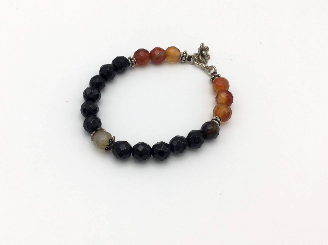 Bracelet, agate, genuine silver, flower silver dangling, gemstone bracelet - 手链/手环 - 纯银 黑色