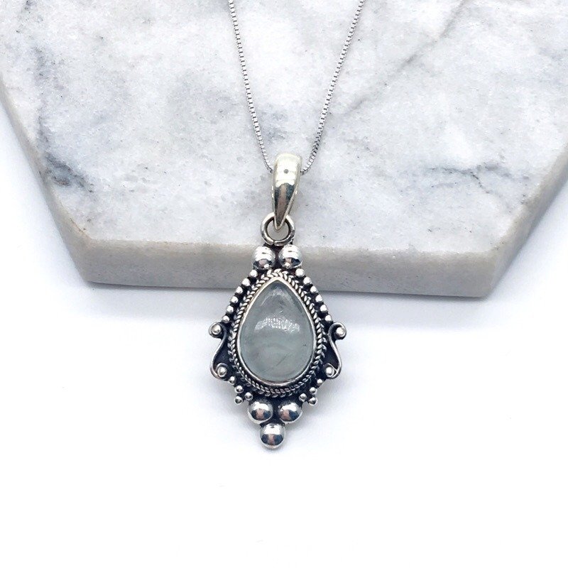 海水蓝宝925纯银巴洛克风格项链 尼泊尔手工镶嵌制作 - 项链 - 宝石 银色