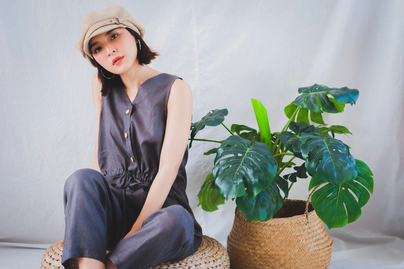 Twin Jump - 背带裤/连体裤 - 亚麻 灰色