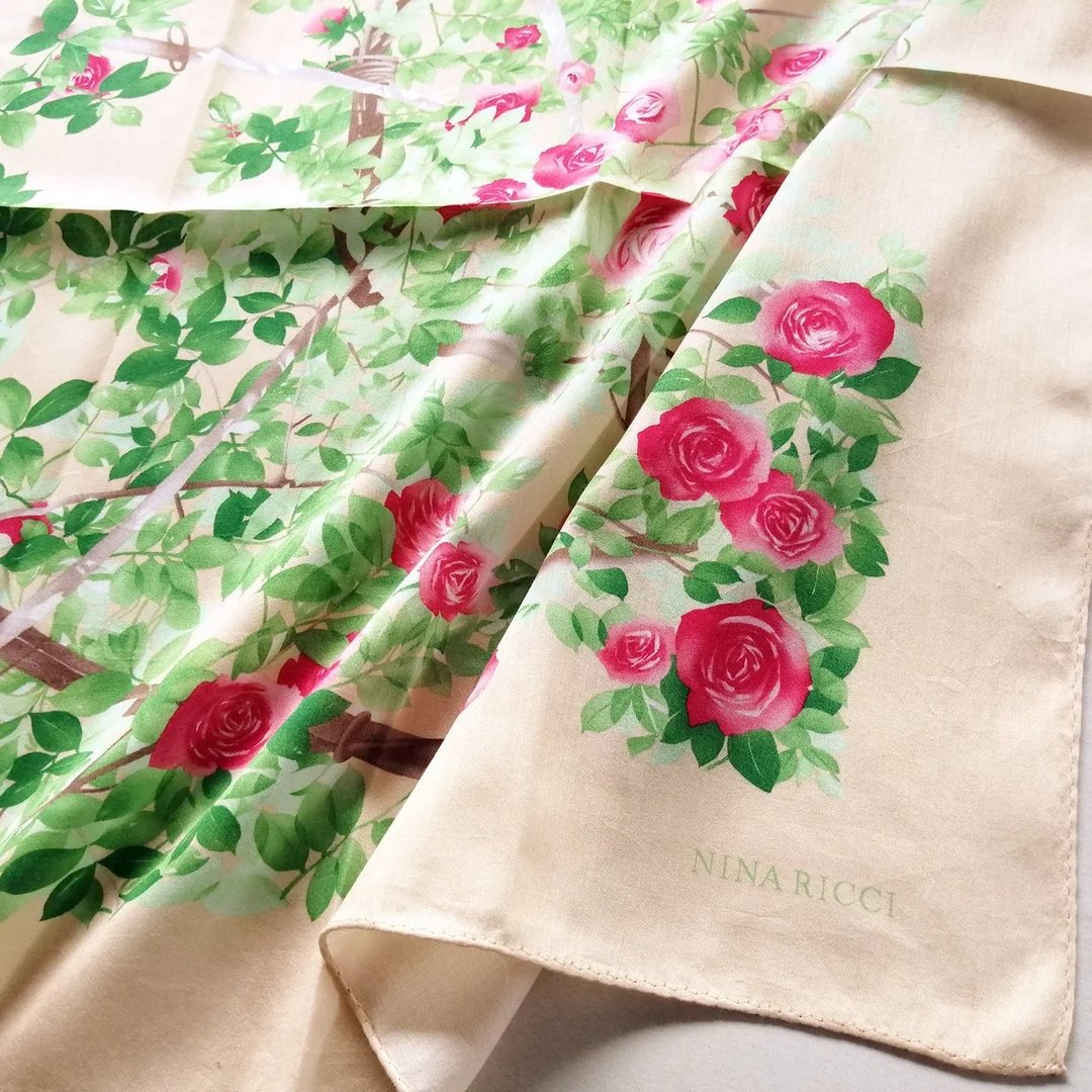 Nina Ricci Vintage Scarf Ribbon Roses 23 x 22.5 Inches - 丝巾 - 棉 卡其色