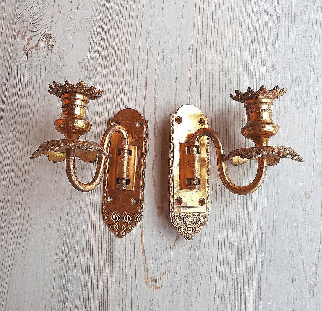 Antique piano candlesticks - old brass pianoforte candleholders wall hanging - 蜡烛/烛台 - 铜/黄铜 