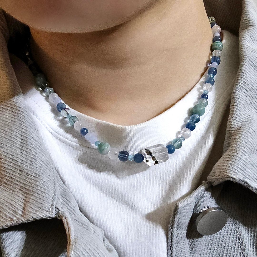 薄荷色调 | 天然矿石水晶 蓝磷灰 天河石 海蓝宝 蓝晶 钢链 项链 - 项链 - 水晶 绿色