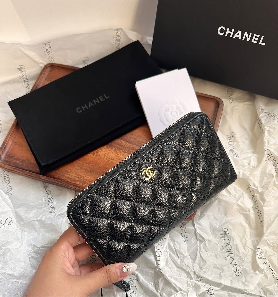 中古包 Chanel 香奈儿 鱼子酱长银包 完整套装 - 零钱包 - 真皮 黑色