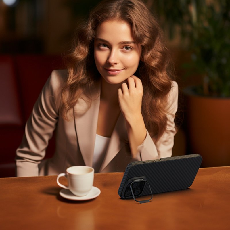 【iPhone15系列】手机支架防弹纤维保护壳与快充线优惠组 - 手机壳/手机套 - 碳纤维 黑色