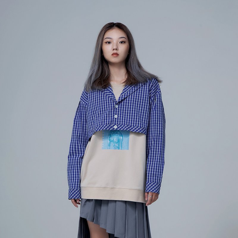 水手领短版衬衫 - 女装衬衫 - 棉．麻 蓝色