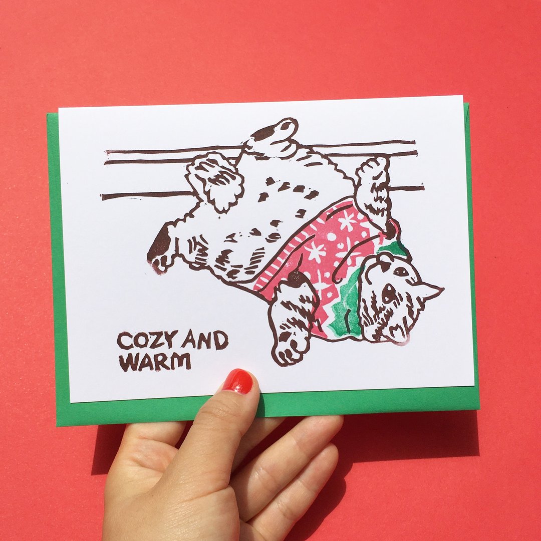 Hand-printed card - Cozy and Warm Christmas Cat Meme - 卡片/明信片 - 纸 