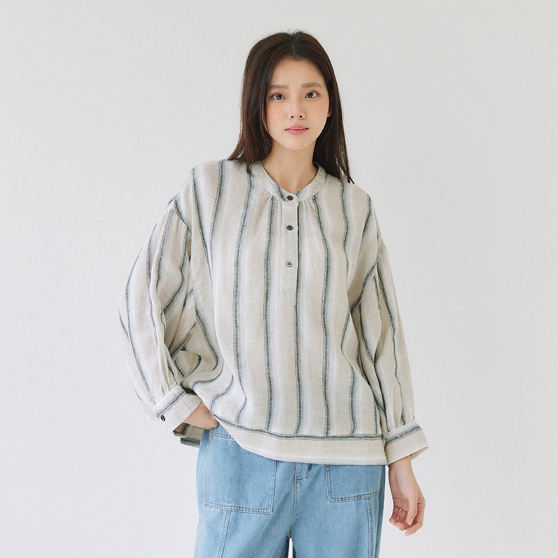 【Simply Yours】亚麻澎袖条纹上衣 杏F - 女装上衣 - 棉．麻 卡其色