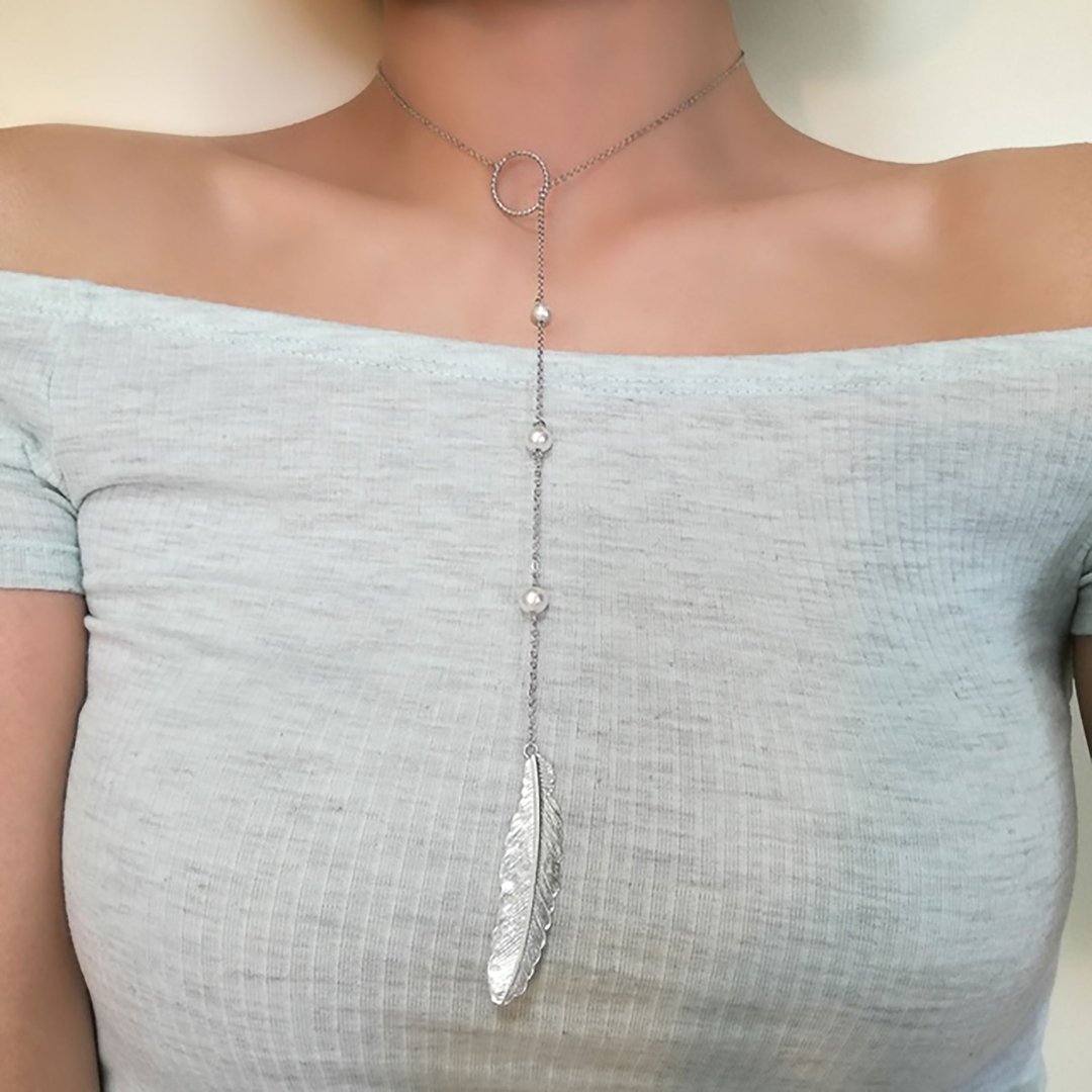 S: Silver feather chain choker SV139S - 项链 - 其他金属 银色