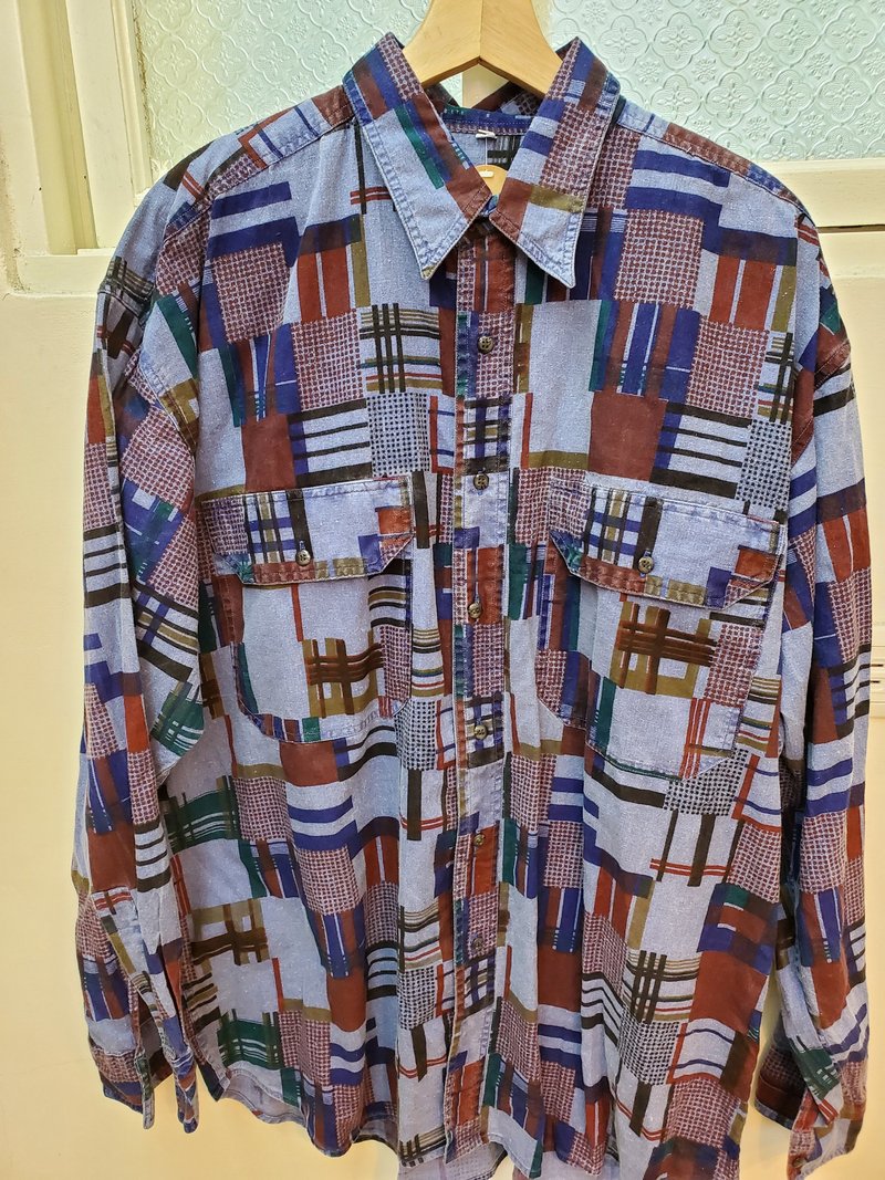 有礼貌穿搭 日本古着 格纹图腾 蓝色 棉质 长衬 宽松版 L号 - 男装衬衫 - 棉．麻 蓝色