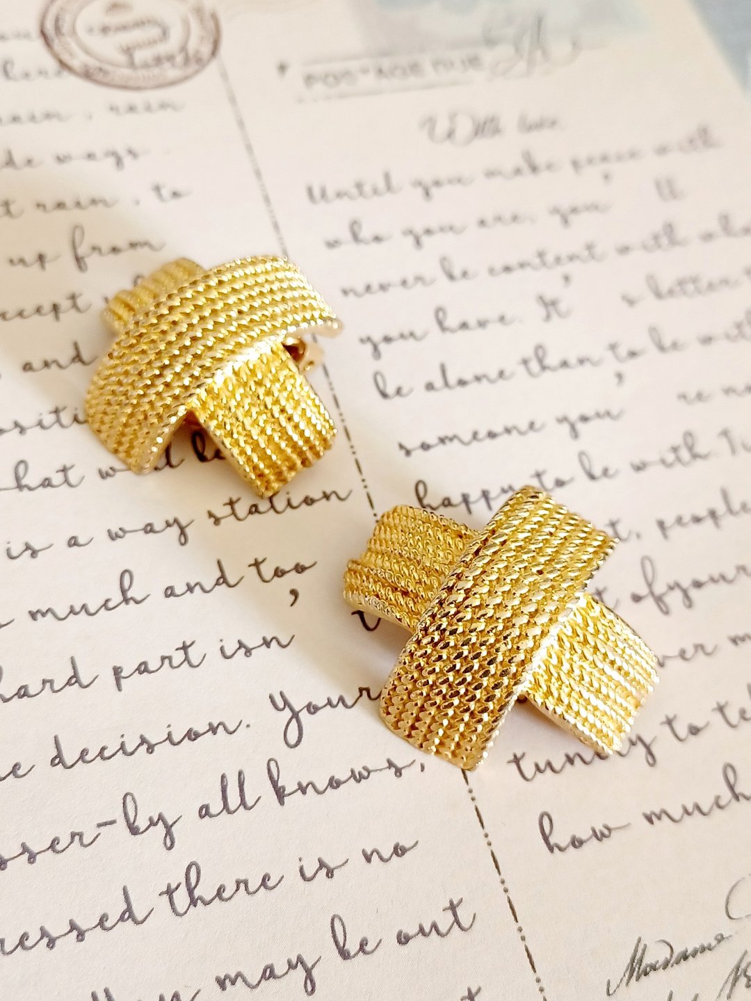vintage jewelry  华丽缎金十字造型  夹式耳环 - 耳环/耳夹 - 其他金属 