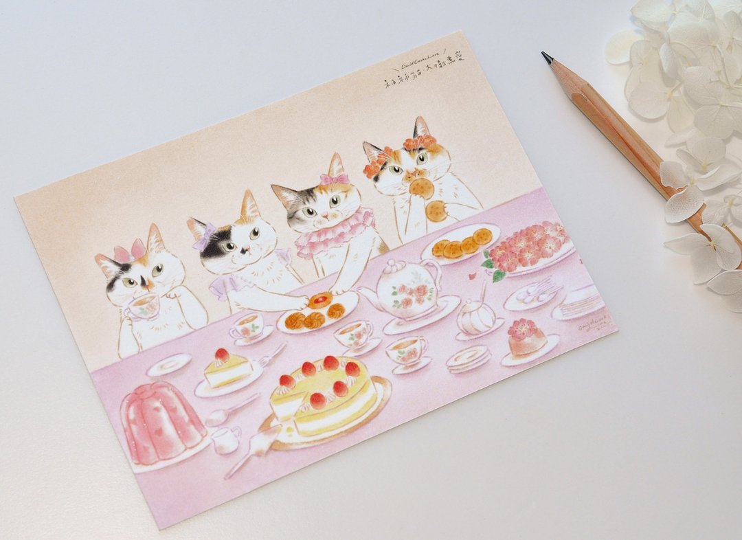 猫咪插画明信片_三花下午茶 - 卡片/明信片 - 纸 