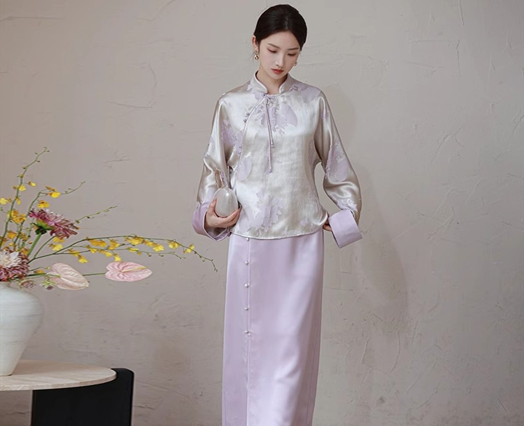 新中式中国风 双色提花盘扣 外套/半裙 - 女装上衣 - 丝．绢 紫色