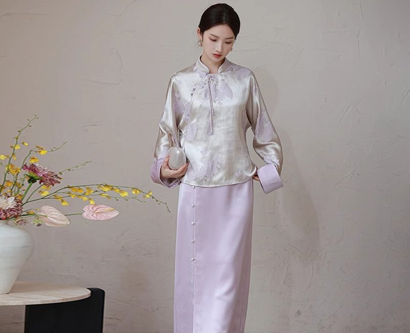 新中式中国风 双色提花盘扣 外套/半裙 - 女装上衣 - 丝．绢 紫色
