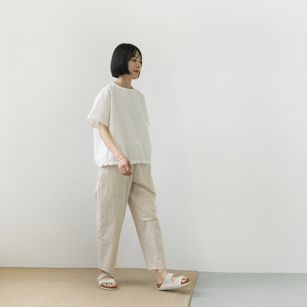 白色泡泡纱肌理棉 圆领短袖下摆抽绳T恤式上衣 - 女装 T 恤 - 棉 白色