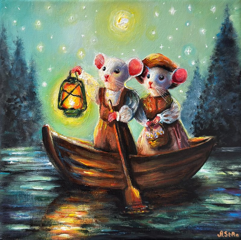老鼠船画作、童话艺术、老鼠壁画、可爱动物、奇幻艺术 - 墙贴/壁贴 - 棉．麻 多色